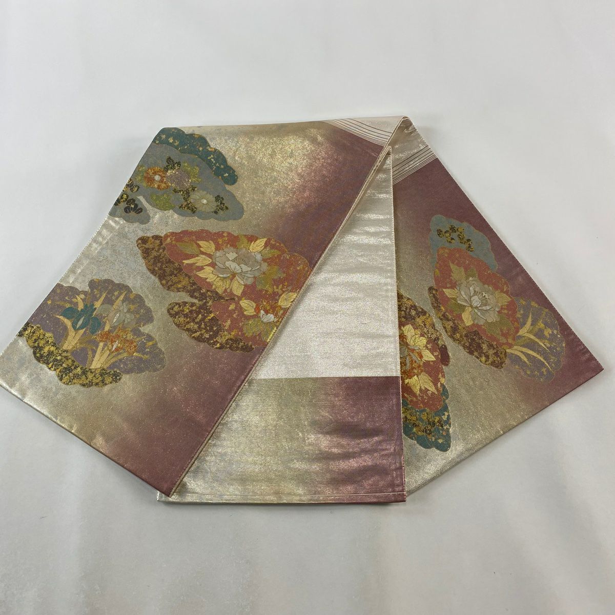 【庫存清倉】 袋帶 美品 秀品級 雲紋 草花紋紋 金金箔 螺鈿金金箔 金色 六通 純蠶絲