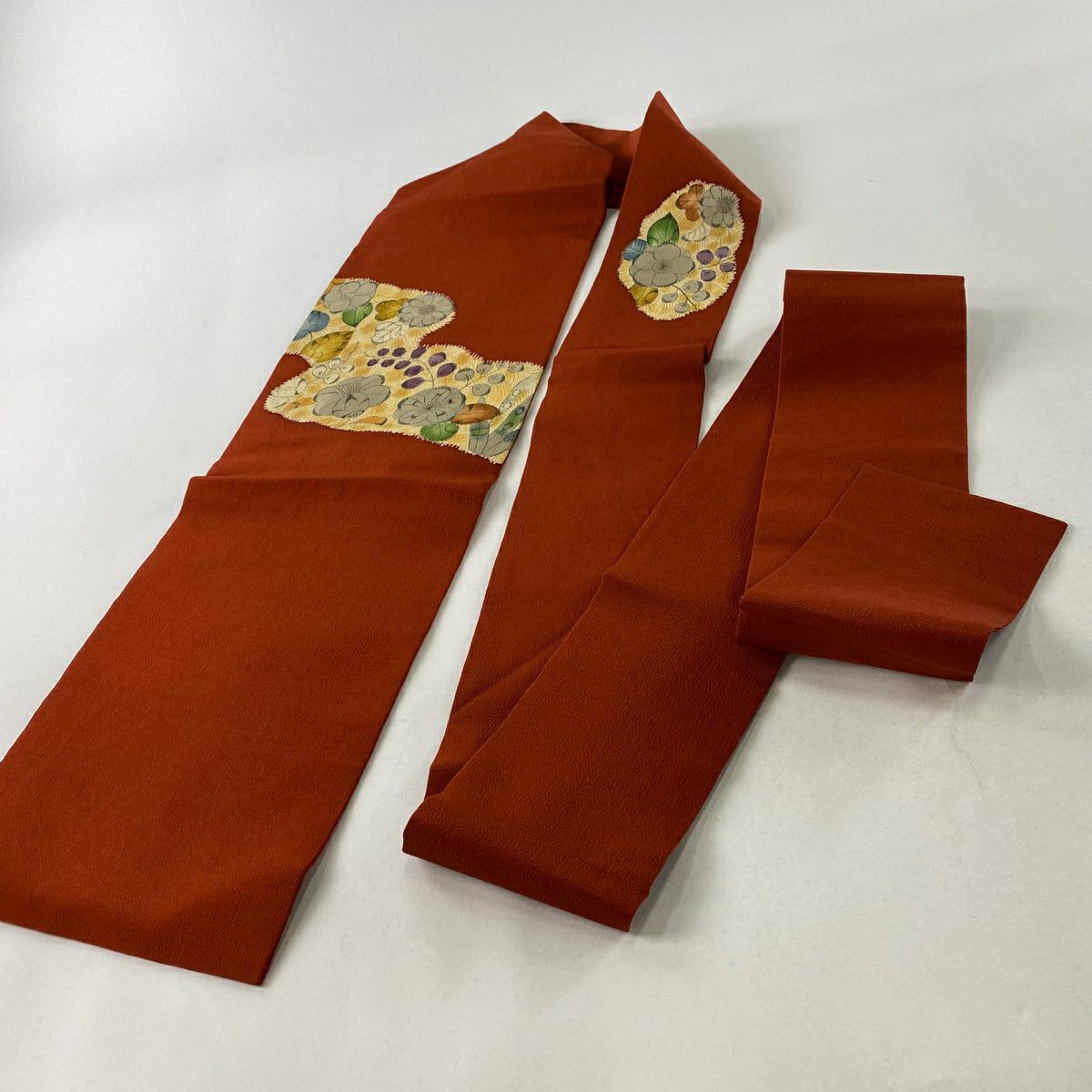 【庫存清倉】 名古屋帶 優品級 草花紋紋 霞 縮緬 紅茶 純蠶絲
