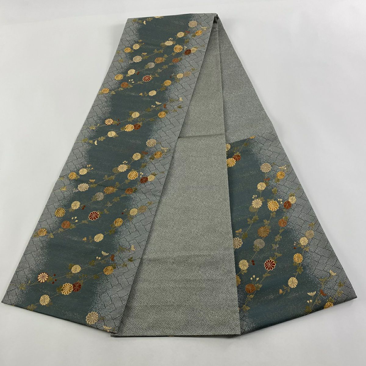 【庫存清倉】 袋帶 美品 秀品級 菊花 金絲 金通 灰綠 六通 純蠶絲
