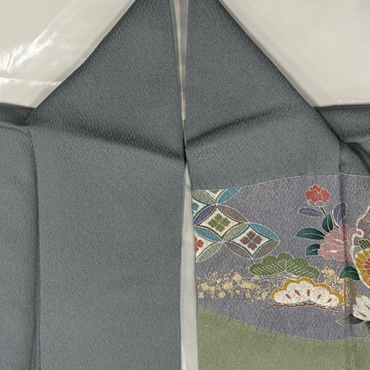 【庫存清倉】訪問服 身長154.5cm 袖長63.5cm S 雙層 草花紋 雪輪 金絲 金銀彩 青灰 純蠶絲 名品級