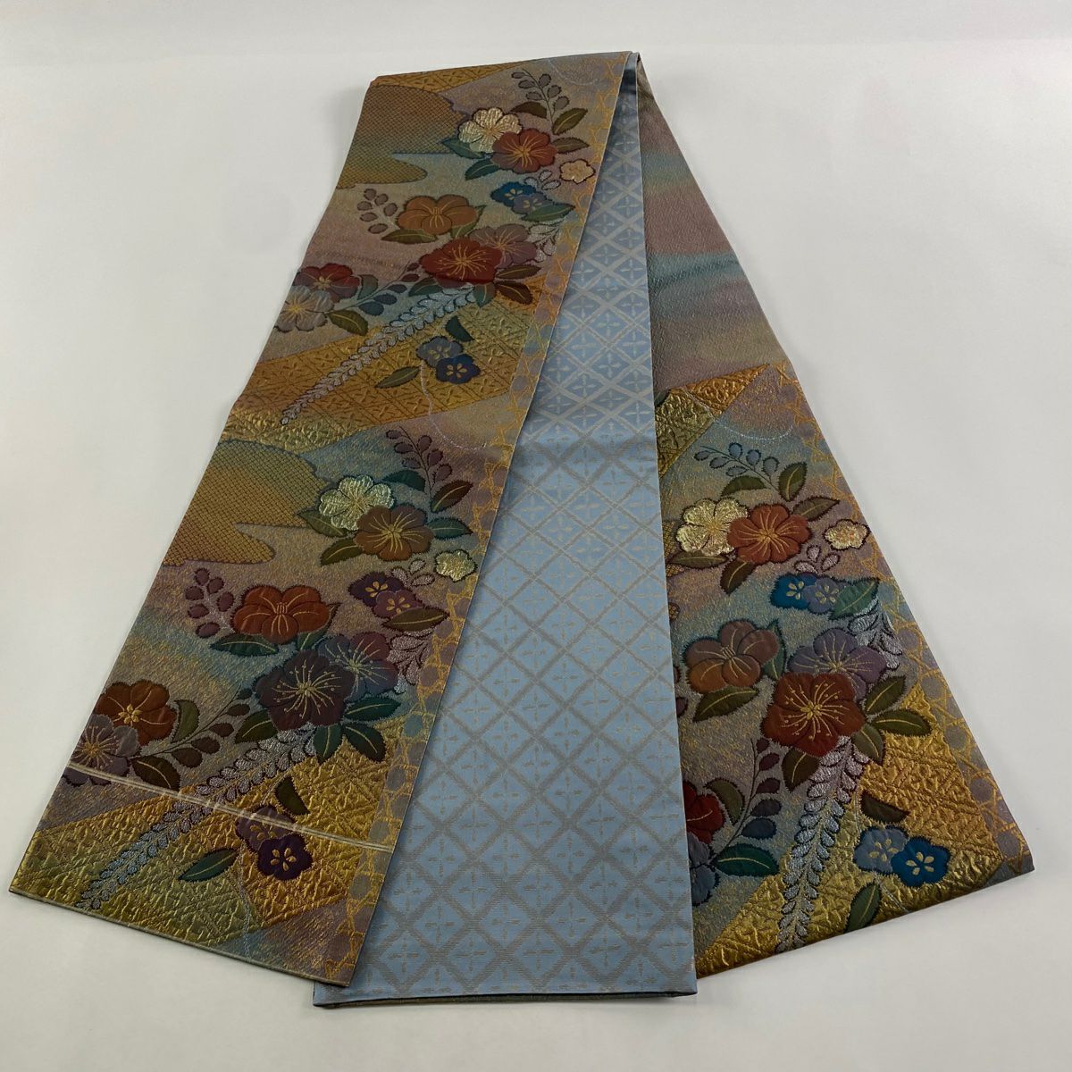 【庫存清倉】 袋帶 美品 優品級 關西仕立 草花紋紋 菱紋 金金箔 灰紫 六通 純蠶絲