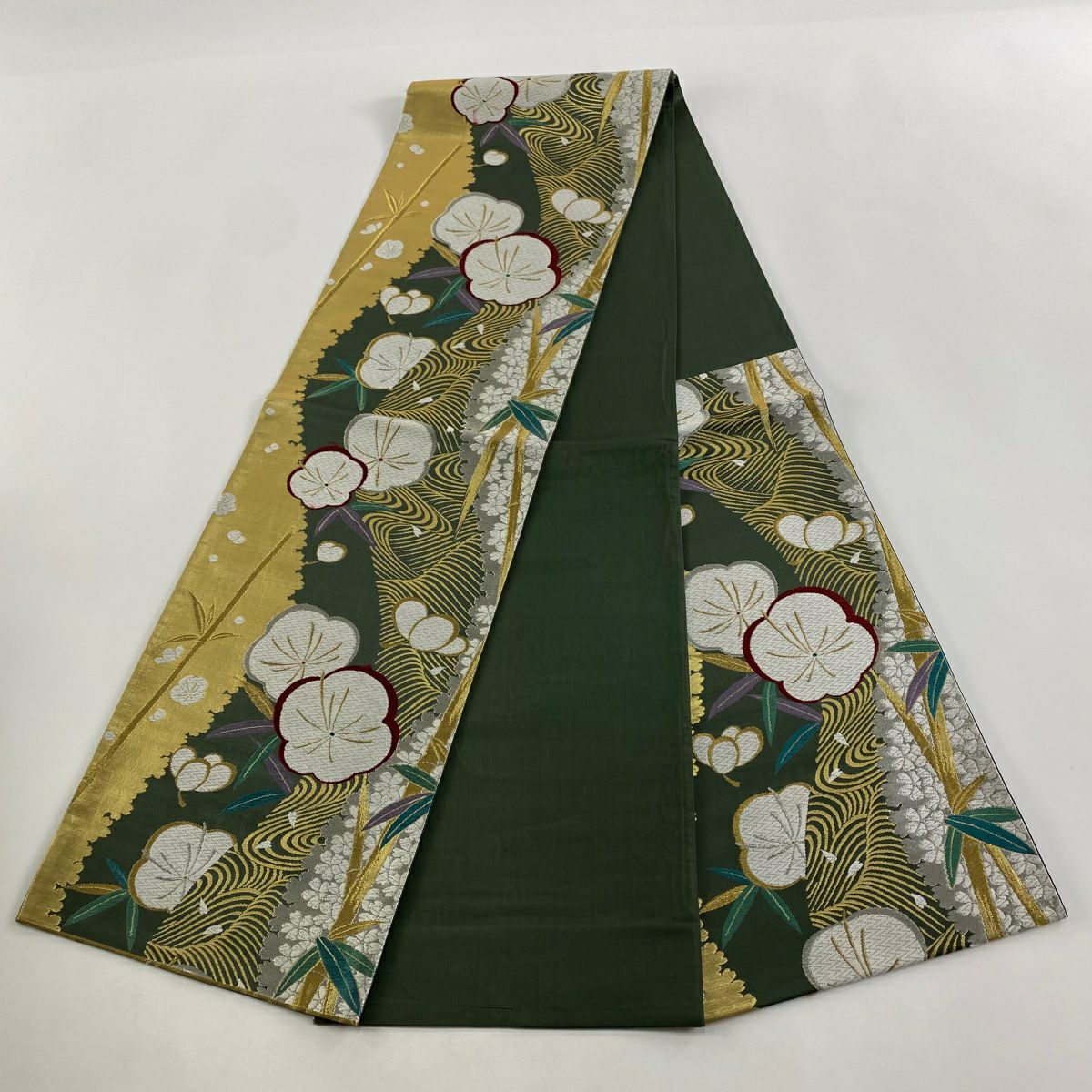 【庫存清倉】 袋帶 優品級 梅花 竹子 刺繡 金銀線 綠 六通 純蠶絲