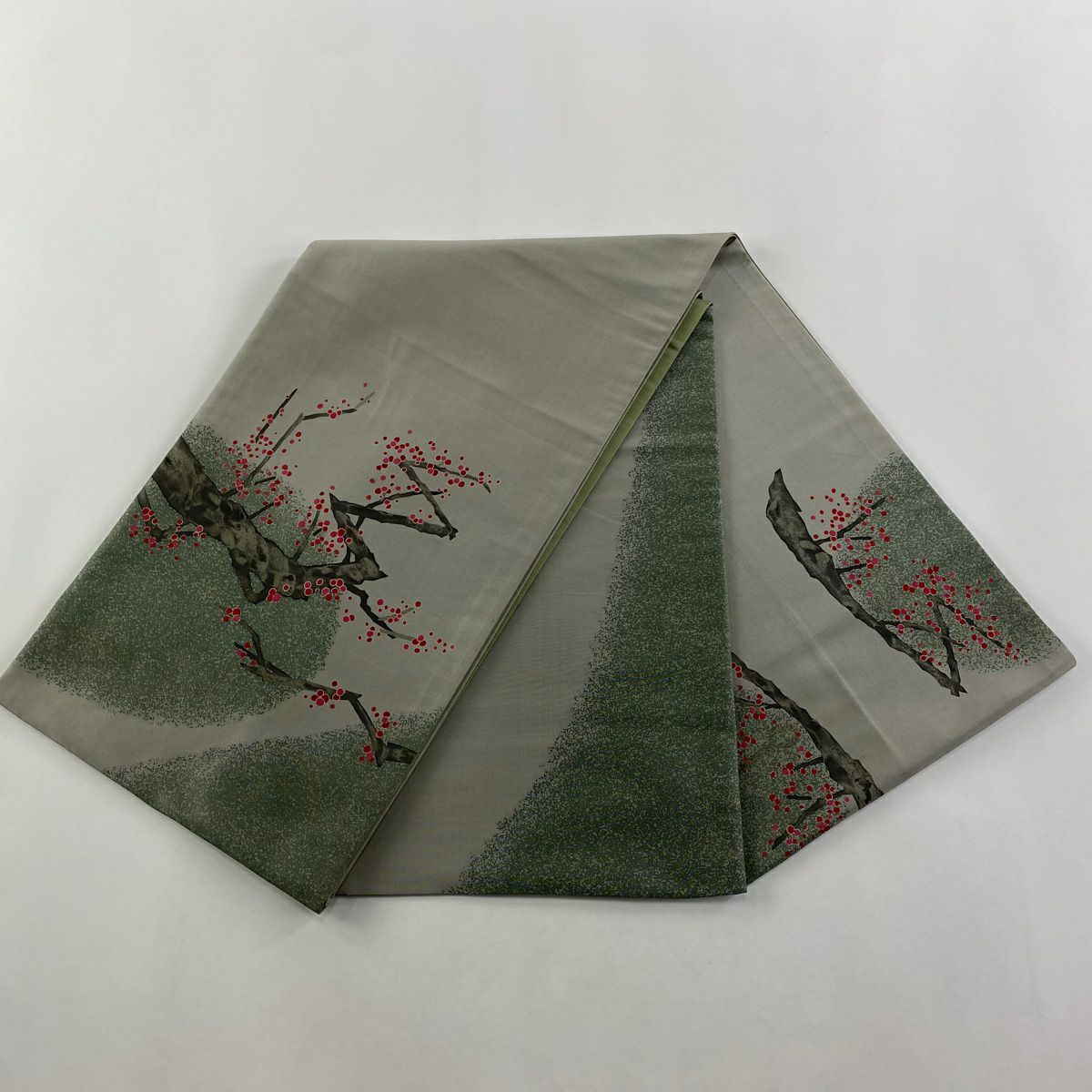【庫存清倉】 袋帶 優品級 紬織織 紅梅花 灰色 大鼓圖案 純蠶絲