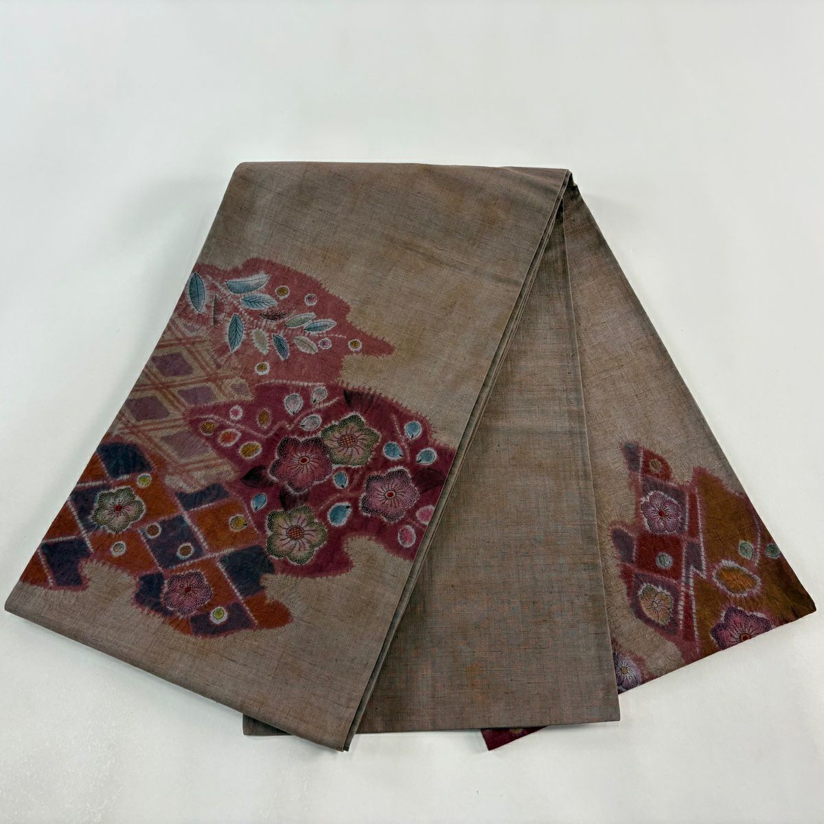 【庫存清倉】 袋帶 美品 秀品級 紬織織 草花紋紋 霞 刺繡 茶紫 お太鼓柄 純蠶絲
