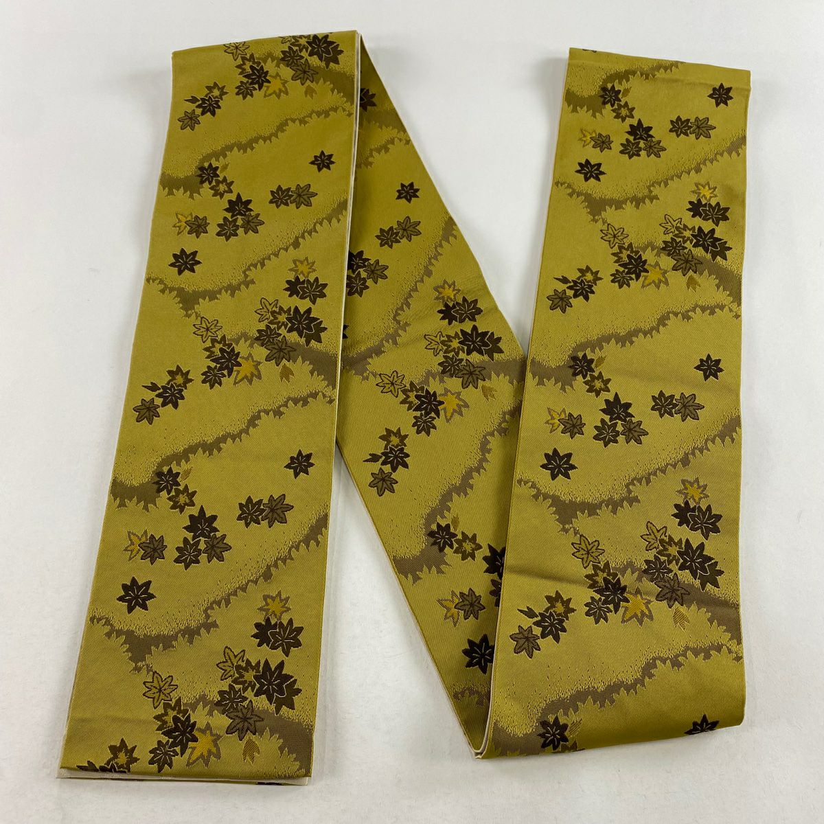 【庫存清倉】 半幅帶 美品 優品級 楓 樣式 黃土色 化纖