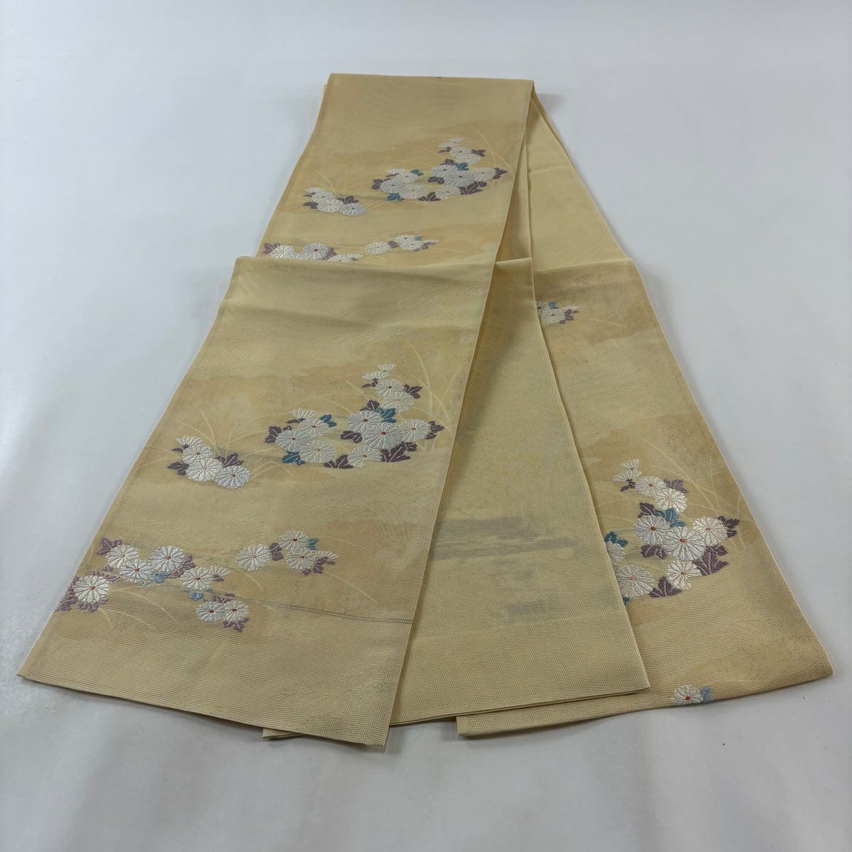 【庫存清倉】 袋帶 美品 秀品級 夏帶 紗 菊花花 霞 金金箔 米色 六通 純蠶絲