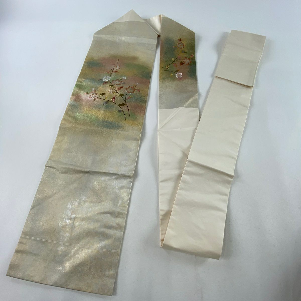 【庫存清倉】 名古屋帶 優品級 草花紋紋 金銀彩 淺綠 純蠶絲