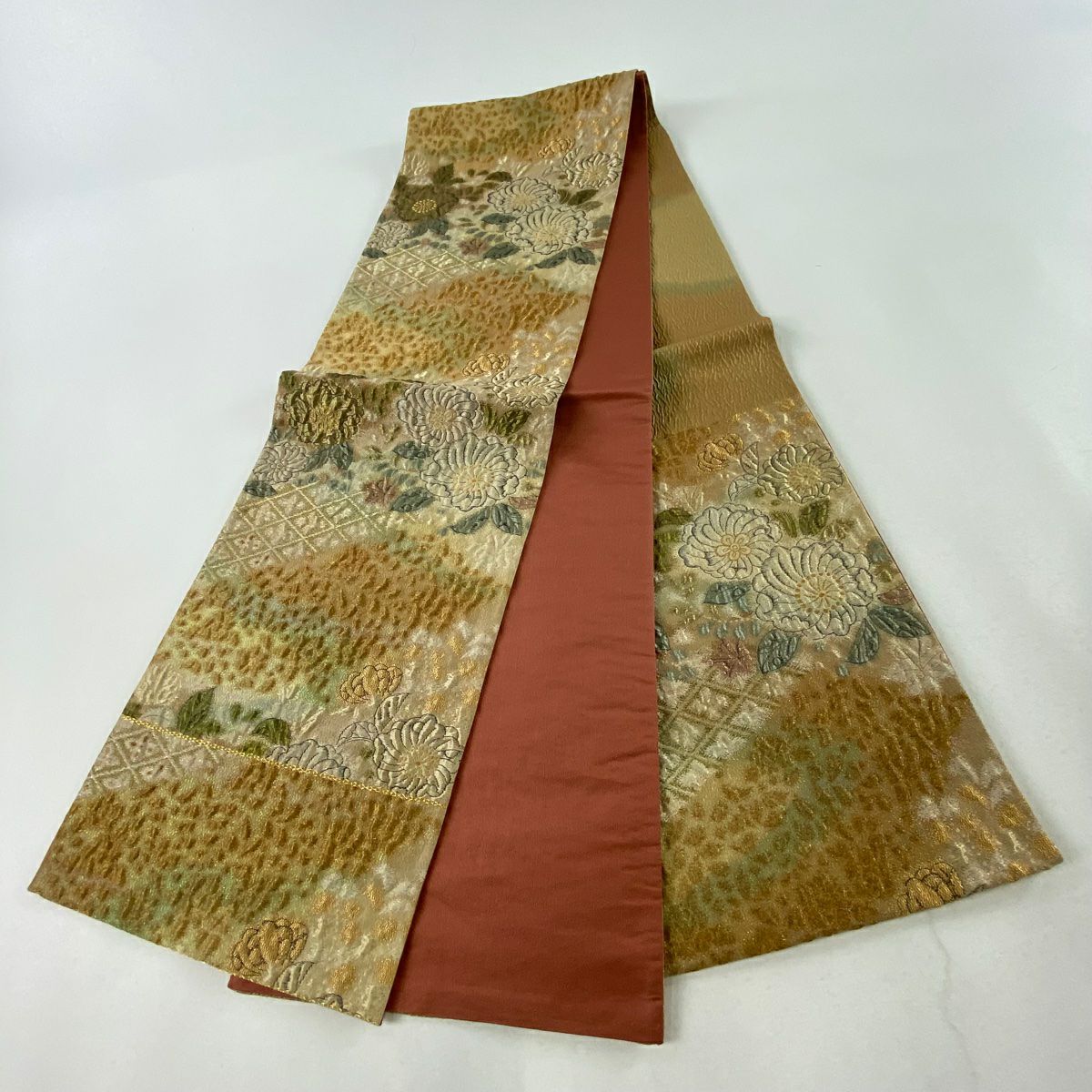 【庫存清倉】 袋帶 美品 秀品級 關西仕立 草花紋紋 菱形 金金箔 茶 六通 純蠶絲