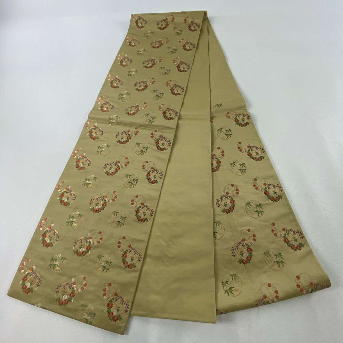 【庫存清倉】 袋帶 美品 秀品級 花丸紋 金絲 米色 六通 純蠶絲