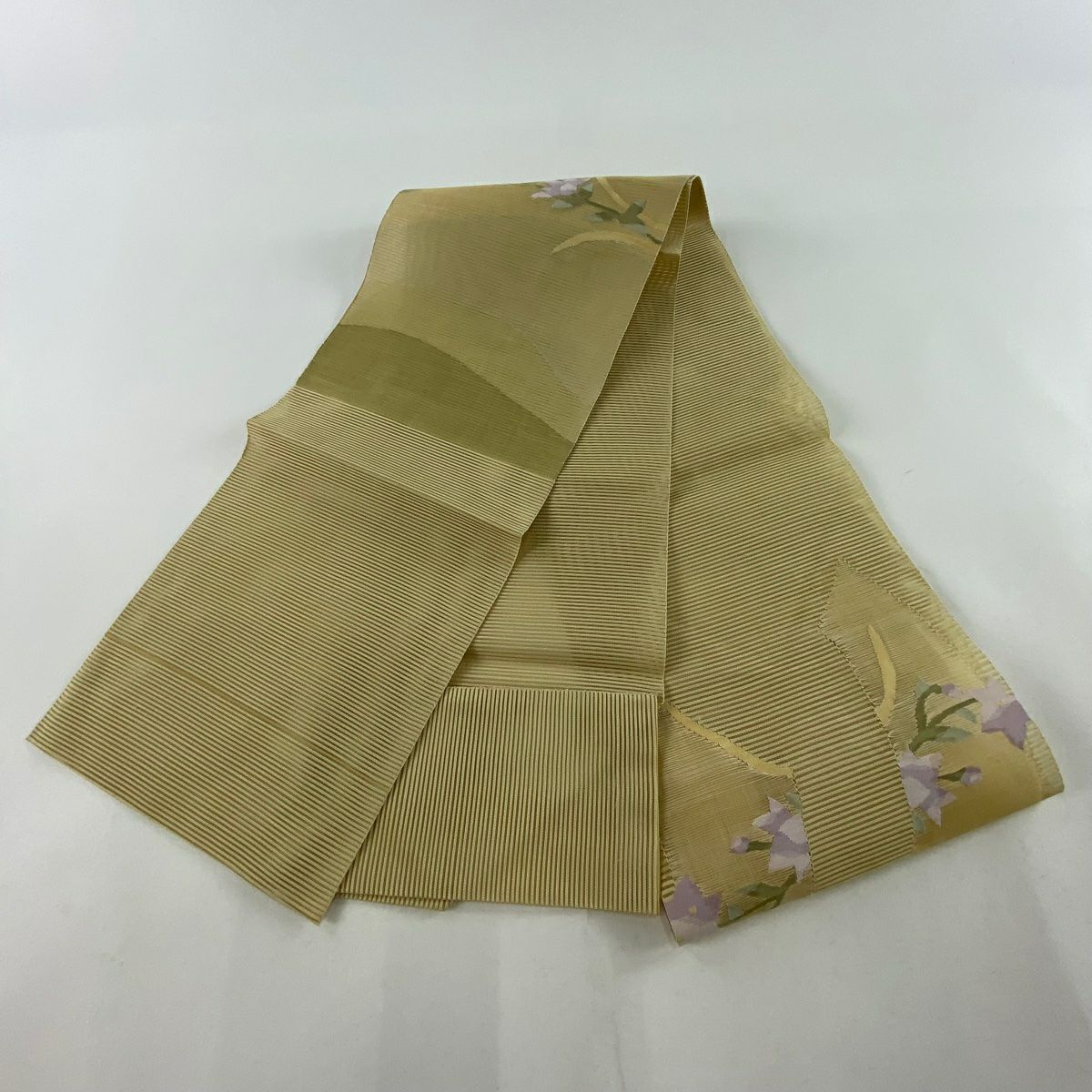 【清倉特賣】 名古屋帶 優質 夏帶 八寸名古屋帶 絽 松樹葉仕立 扇子面 桔梗 薄黃土 純蠶絲