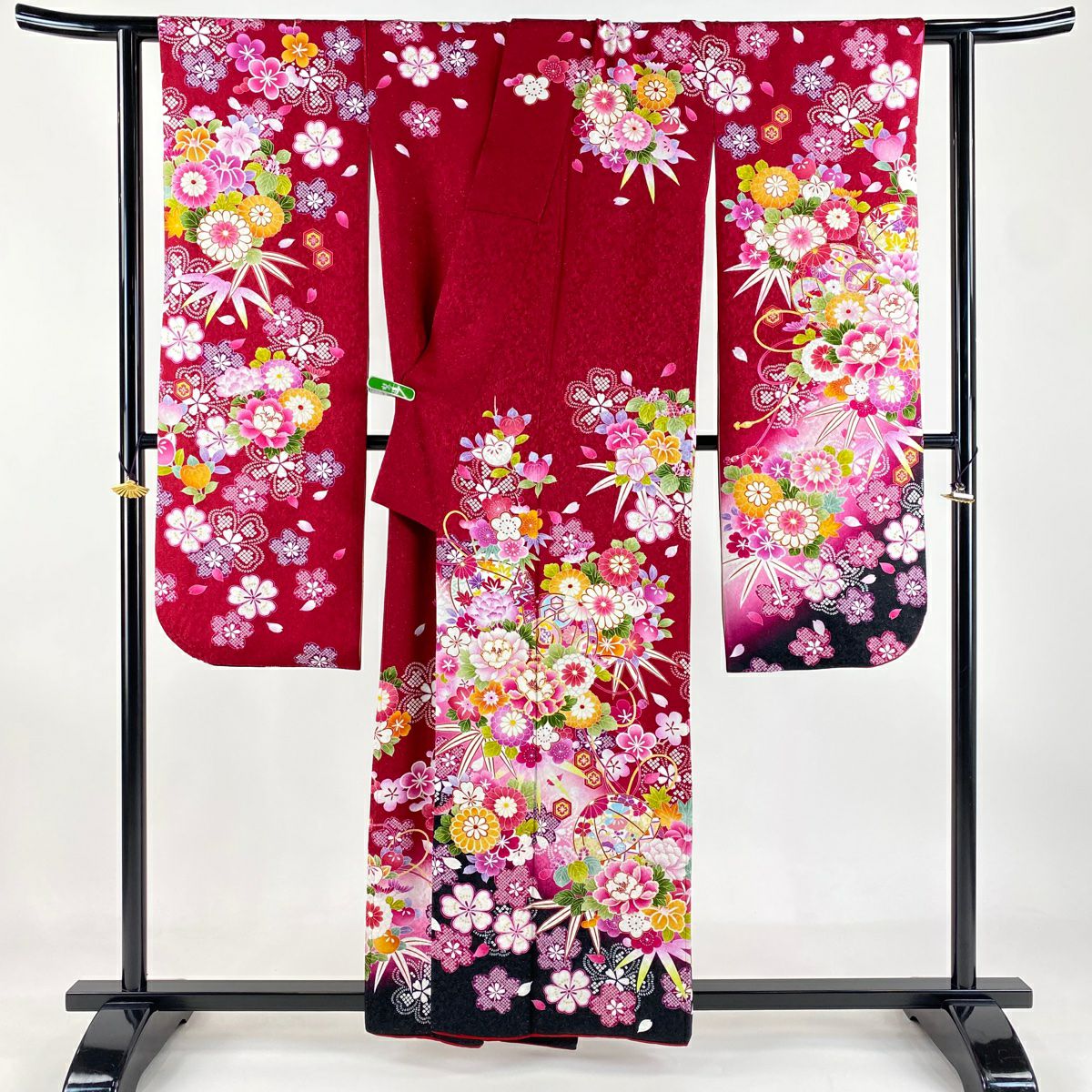 【清倉特賣】振袖禮服 身長158cm 袖長64.5cm M 雙層 鞠 牡丹 銀通 金絲 紅 純蠶絲 逸品級