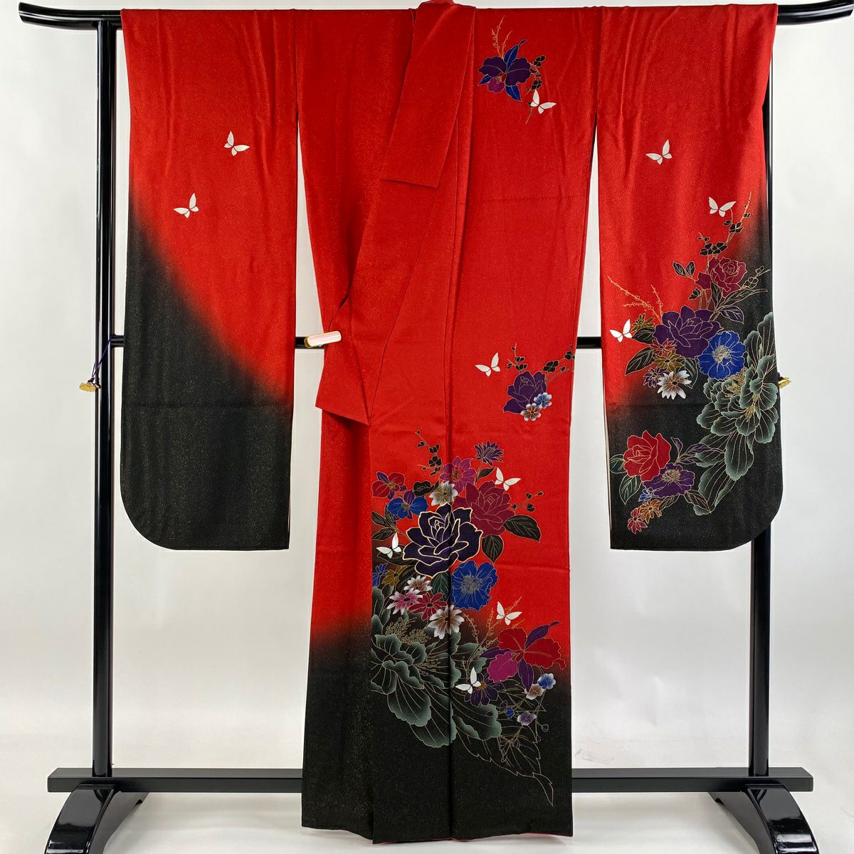 【庫存清倉】振袖禮服 身長160cm 袖長68cm L 雙層 草花紋紋 蝶 金通染 紅 純蠶絲 美品 逸品級
