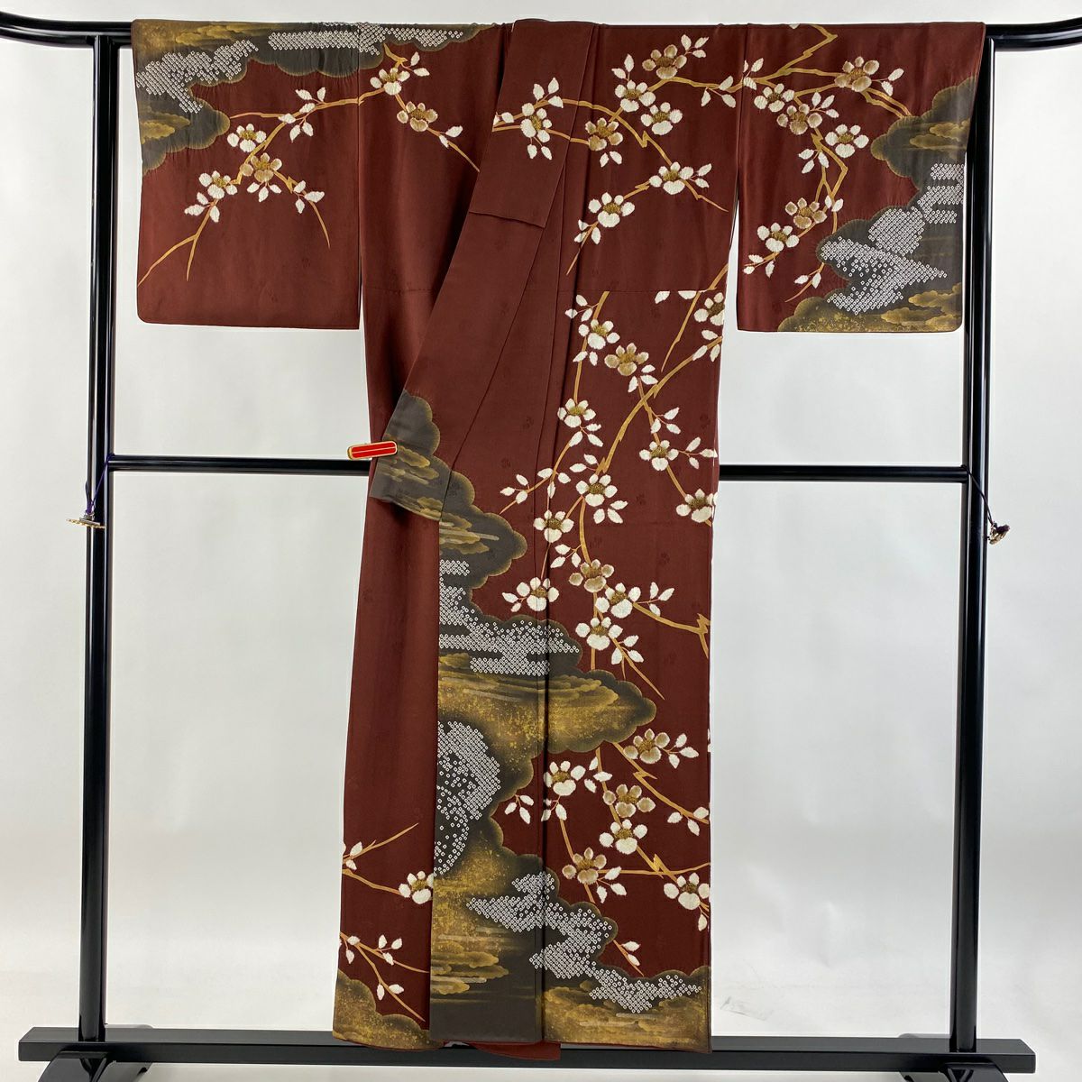 【庫存清倉】訪問服 身長151cm 袖長66cm M 雙層 枝花 雲紋 絞染 金絲 茶 純蠶絲 逸品級