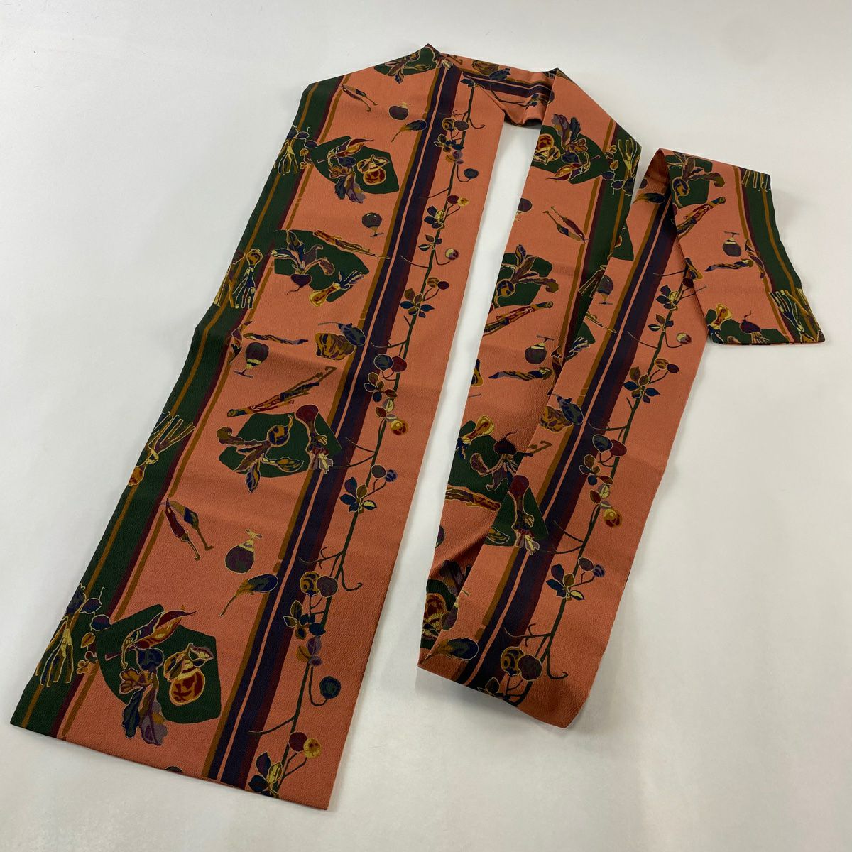 【庫存清倉】 名古屋帶 美品 秀品級 扇子面 野菜 絞織 紅茶 純蠶絲