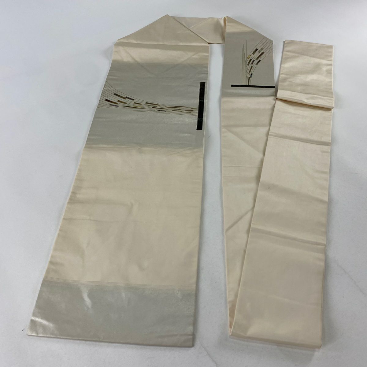 【庫存清倉】 名古屋帶 優品級 幾何圖案 螺鈿 金銀彩 灰色 純蠶絲