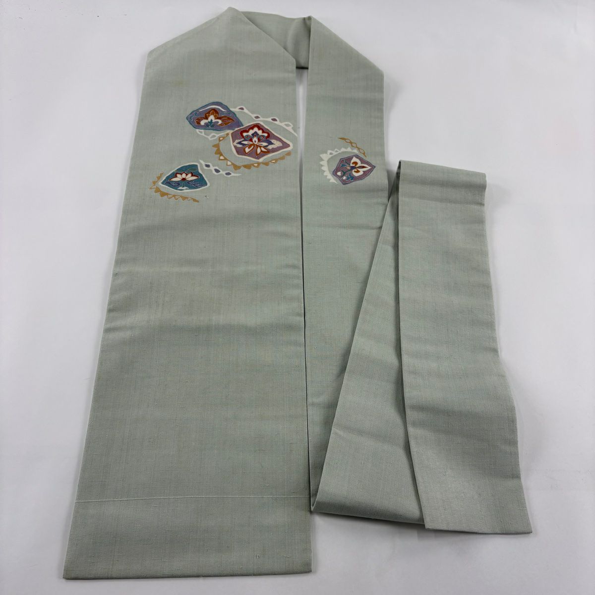 【庫存清倉】 名古屋帶 優品級 草花紋紋 幾何學 金金箔 金絲 淺綠 純蠶絲