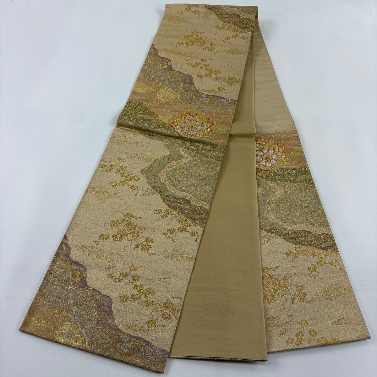 【庫存清倉】 袋帶 美品 秀品級 華紋 道長取 金絲 金金箔 金色 六通 純蠶絲