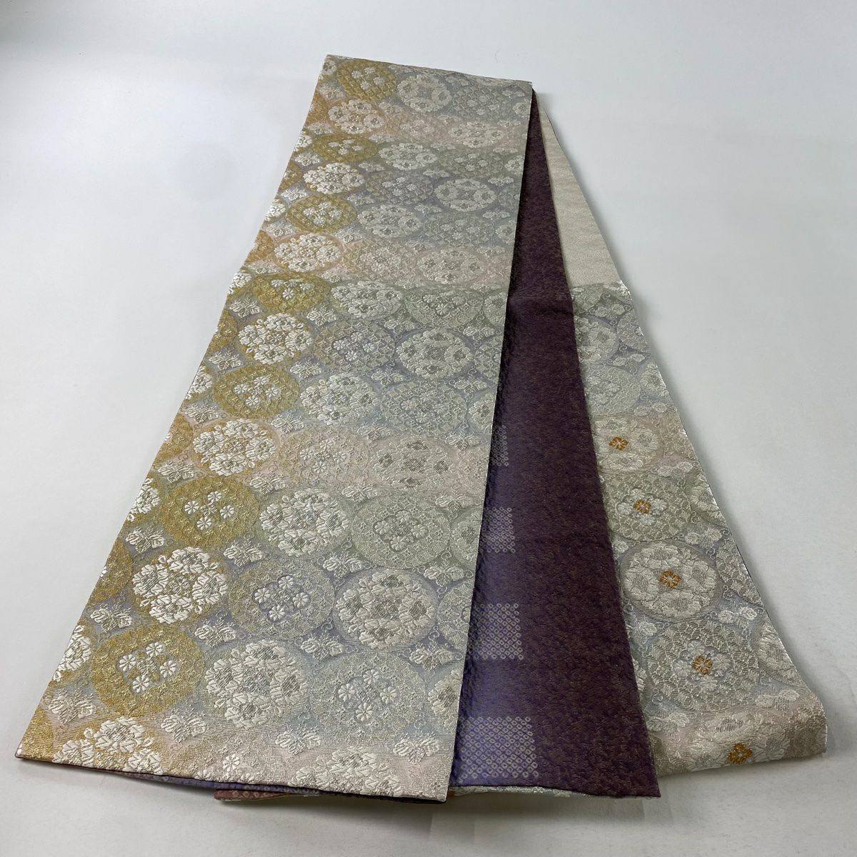 【庫存清倉】 袋帶 美品 逸品級 新小石丸 華紋 桐 刺繡 金銀彩 灰 深藍色 正蠶絲