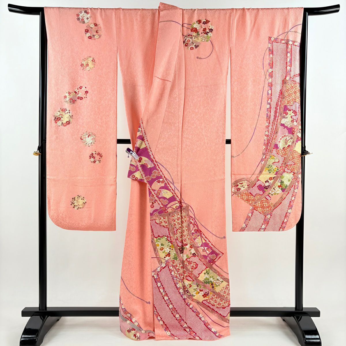 【清倉特賣】振袖禮服 身長165cm 袖長70cm L 雙層 幾帳 雲紋 銀通 金絲 粉紅 純蠶絲 逸品級