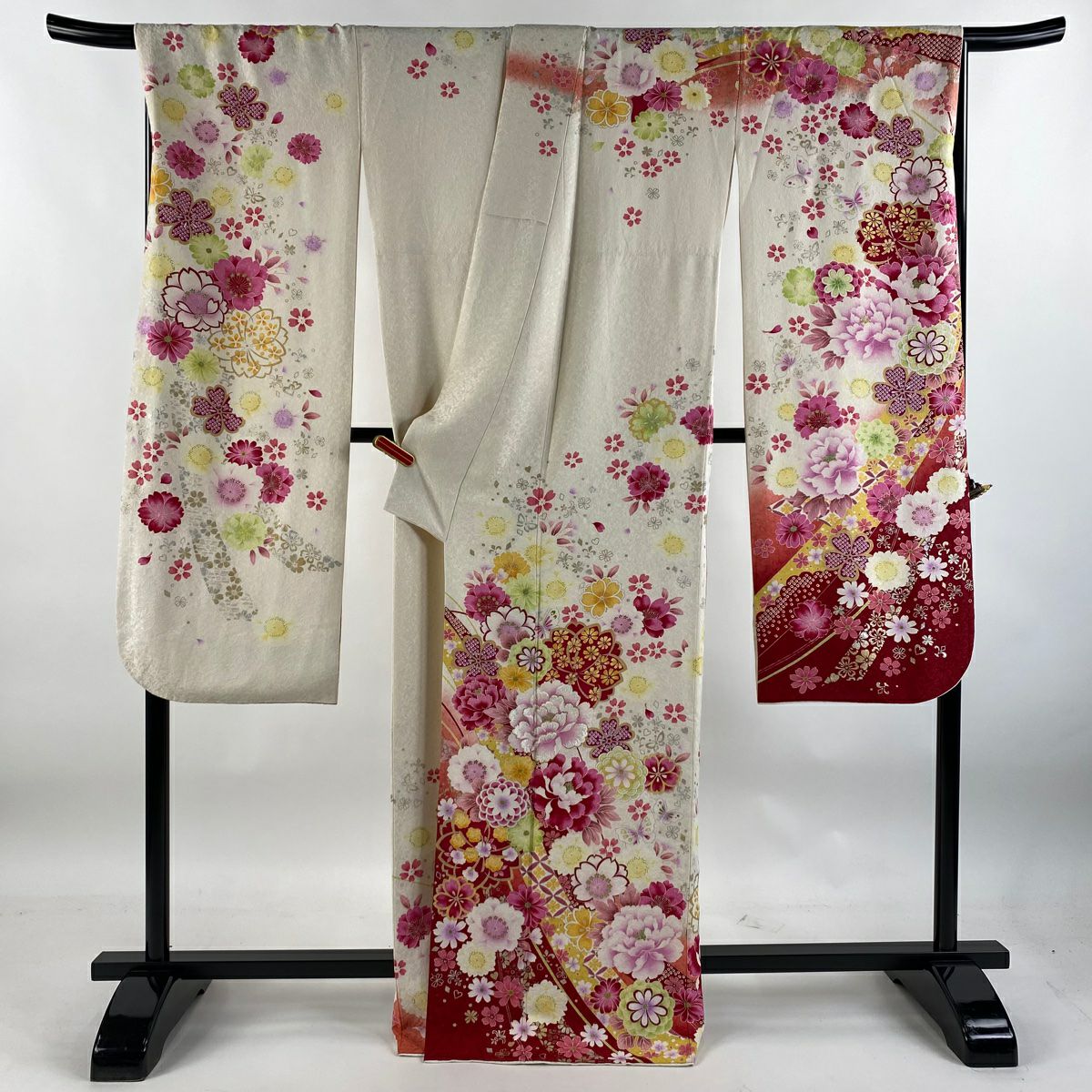 【庫存清倉】振袖禮服 身長168cm 袖長69cm L 雙層 草花紋紋 熨斗紋 金銀彩 銀通過 奶油色 純蠶絲 逸品級