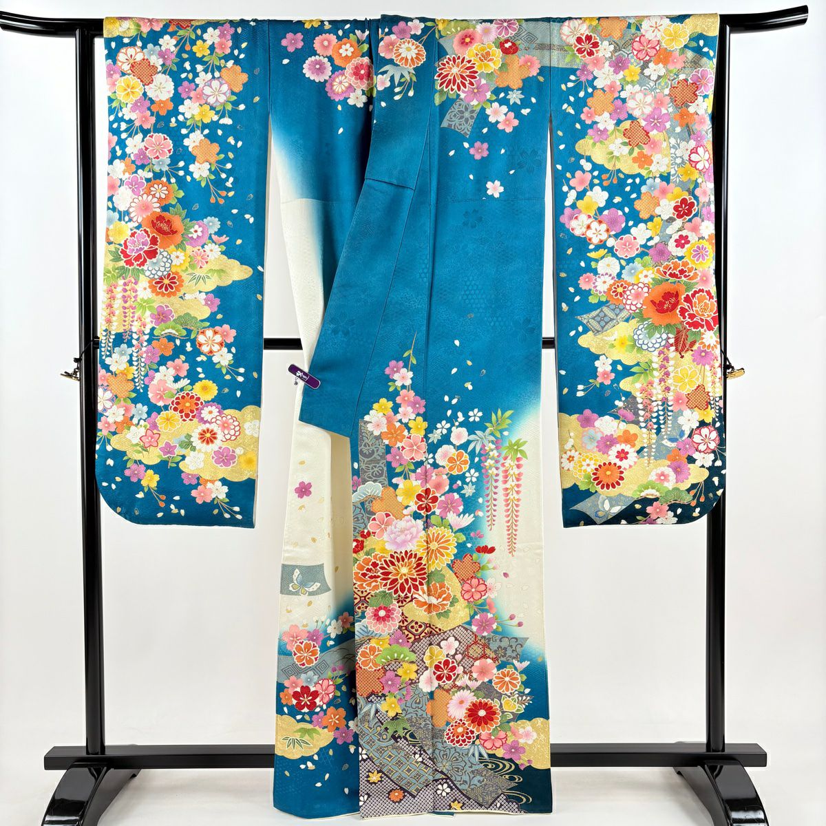 振袖禮服 身長163cm 袖長65.5cm M 雙層 短冊 草花紋紋 銀通 金銀彩 青綠 純蠶絲 逸品級