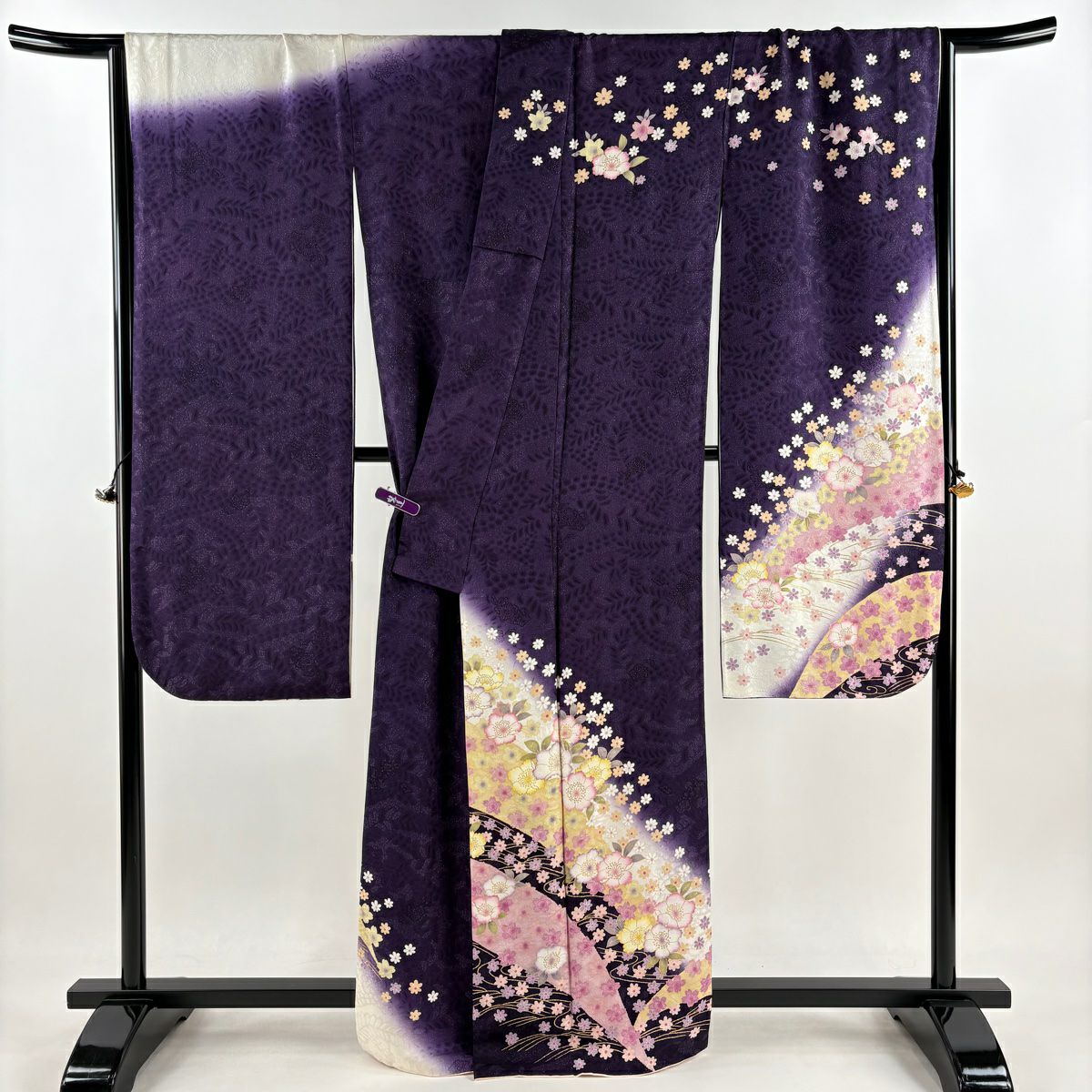 【庫存清倉】振袖禮服 身長164cm 袖長70.5cm L 雙層 草花紋紋 波紋 銀通 金銀彩 紫 純蠶絲 美品 逸品級