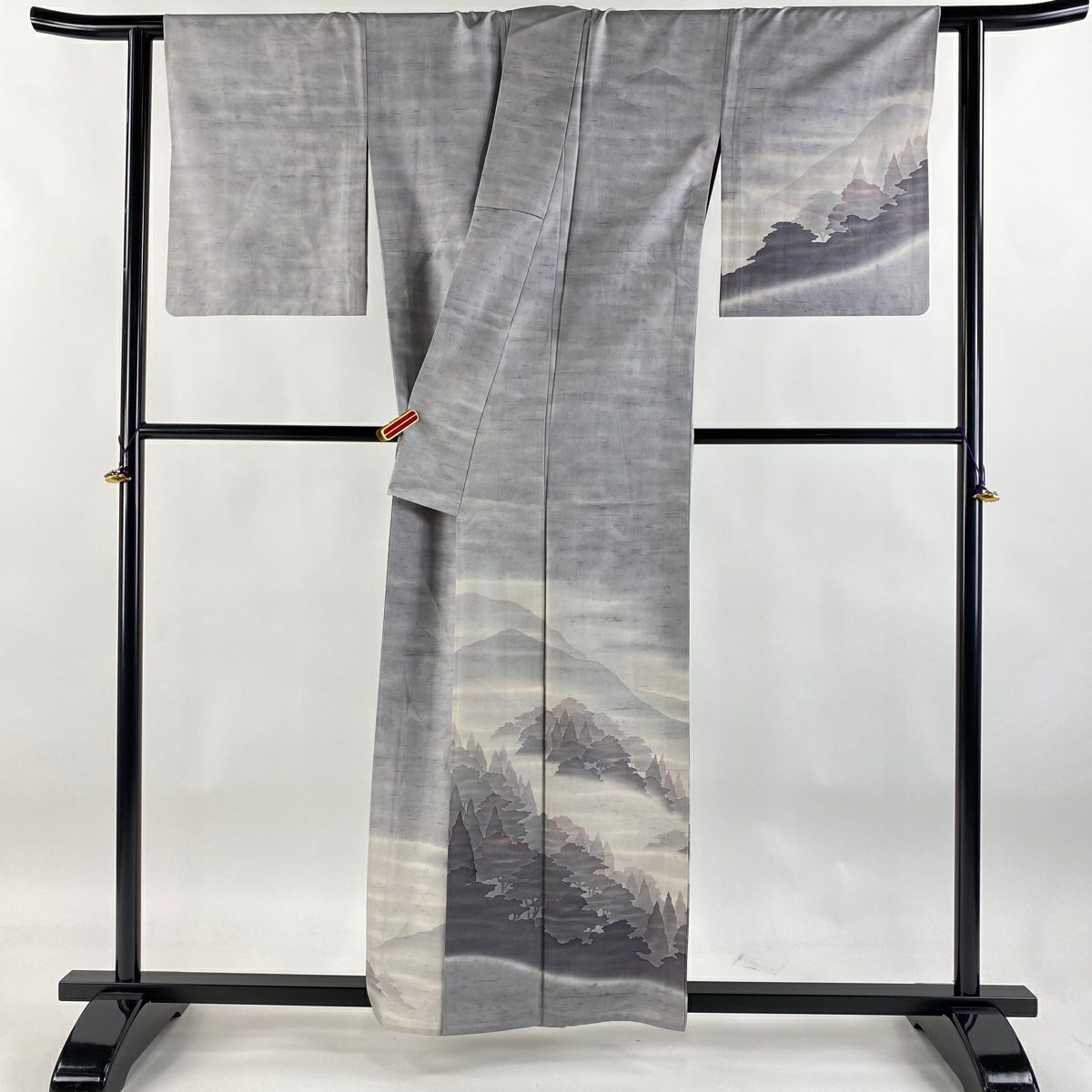 【庫存清倉】訪問服 身長158cm 袖長63.5cm S 單層 牛首紬織織地 落款 山並 樹木 漸層 灰紫 純蠶絲 美品 逸品級