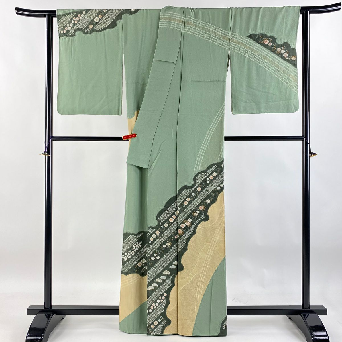 【庫存清倉】訪問服 身長162cm 袖長68.5cm L 雙層 滝泰 有落款 草花紋紋 雪輪 絞染 金彩裝飾 淺綠 純蠶絲 逸品級