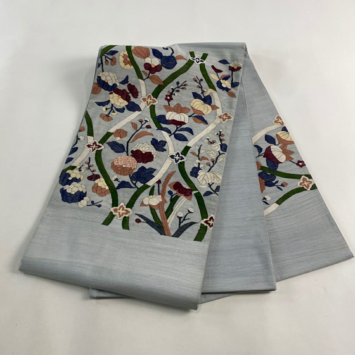 【庫存清倉】 袋帶 逸品級 草花紋 立涌 金絲 青灰 深藍色 お太鼓圖案 純蠶絲