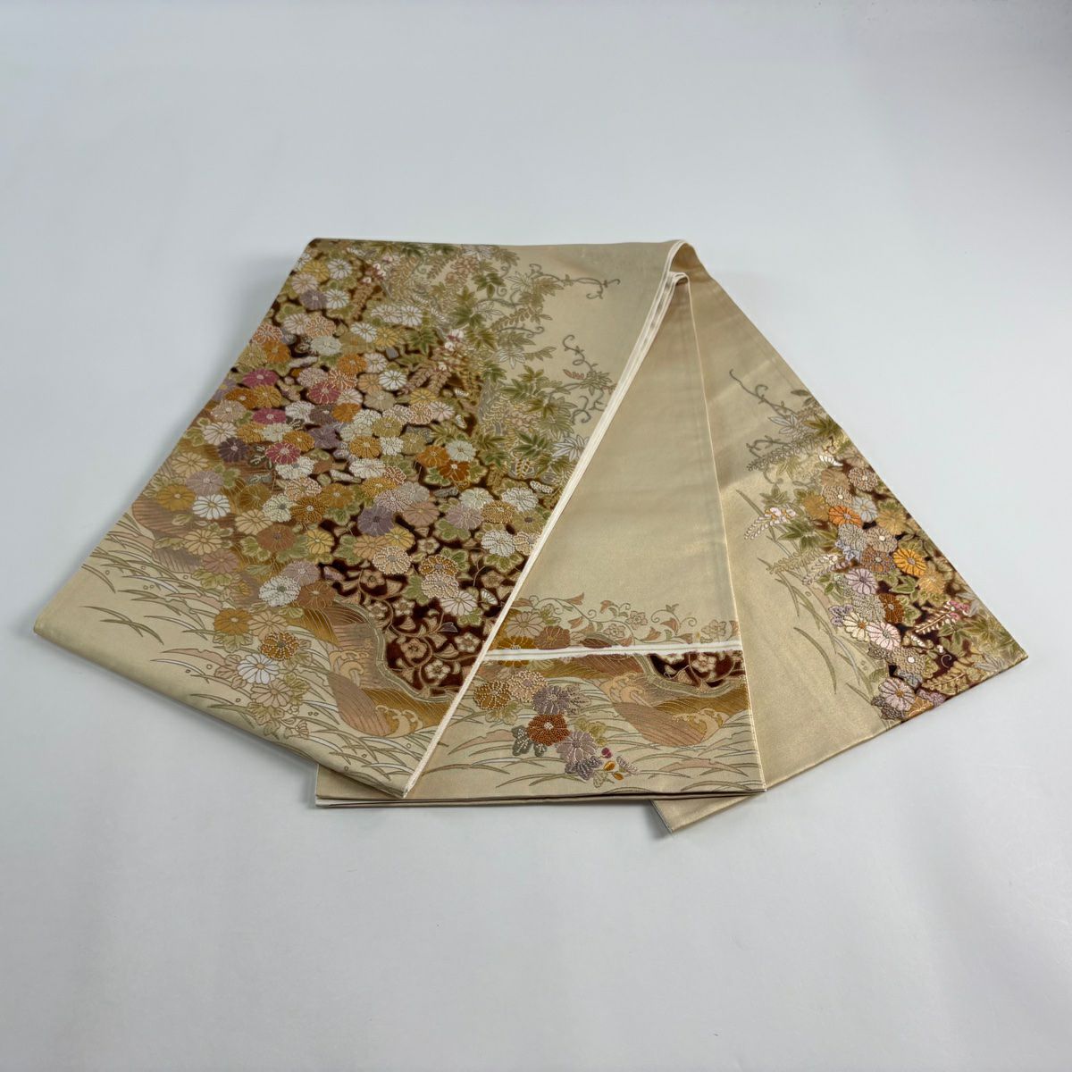 【庫存清倉】 袋帶 優品級 菊花花 波紋 刺繡 金線 淺橙色 大鼓圖案 純蠶絲