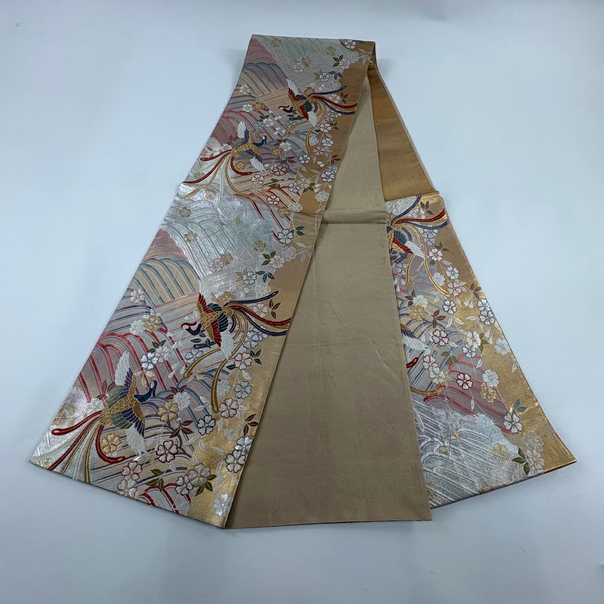 【庫存清倉】 袋帶 美品 秀品級 尾長鳥 垂枝櫻 金絲 金金箔 粉米色 六通 純蠶絲