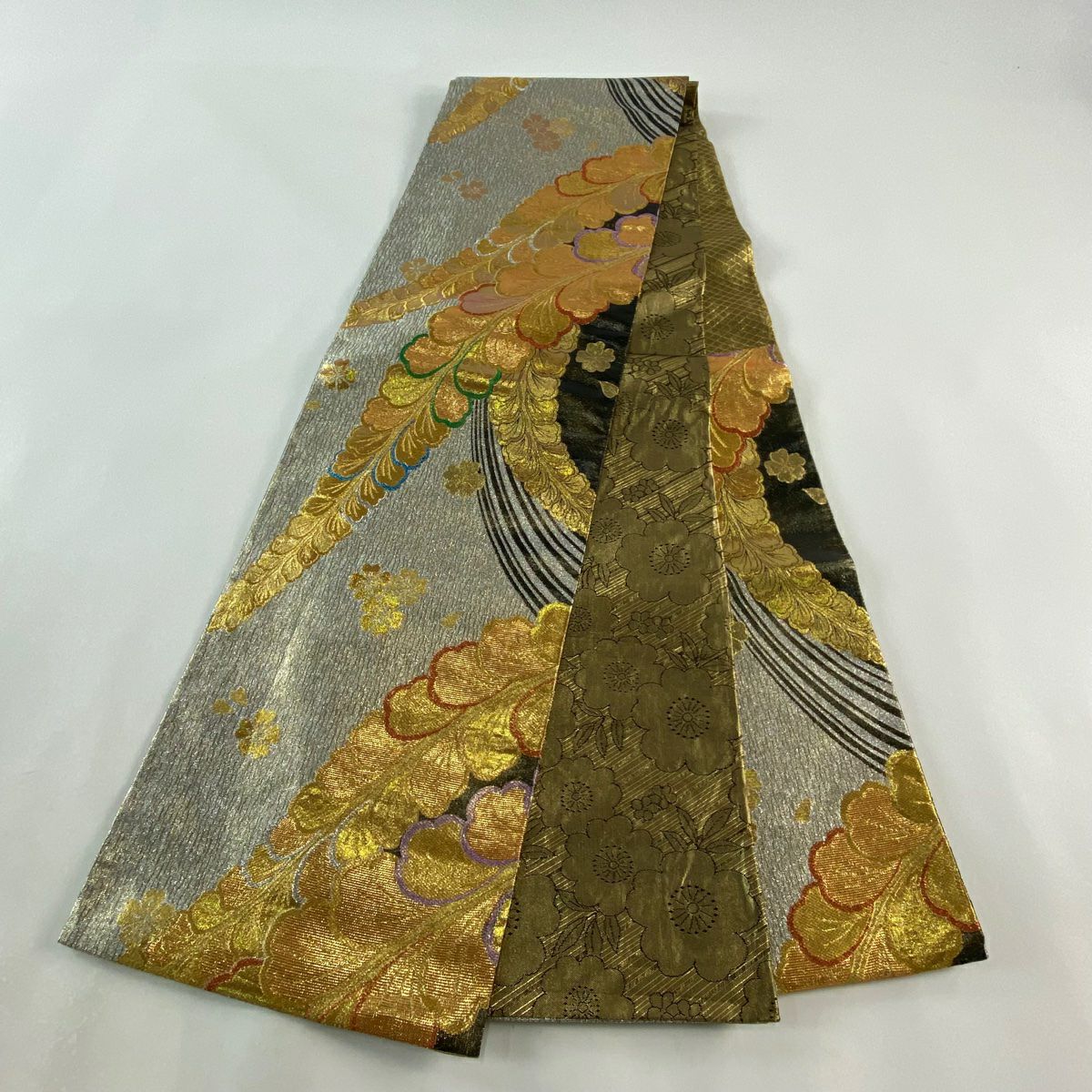 【庫存清倉】 袋帶 美品 秀品級 葉 櫻花 金金箔 金絲 金色 六通 純蠶絲