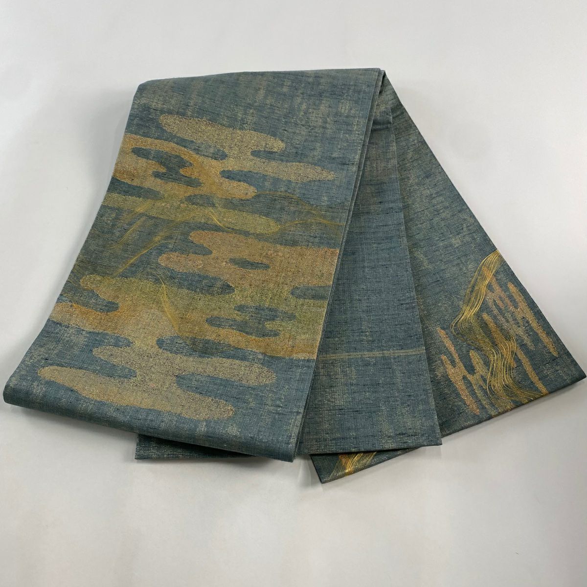 【庫存清倉】 袋帶 美品 逸品級 紬織織 霞 金絲 金金箔 灰綠 大鼓圖案 純蠶絲