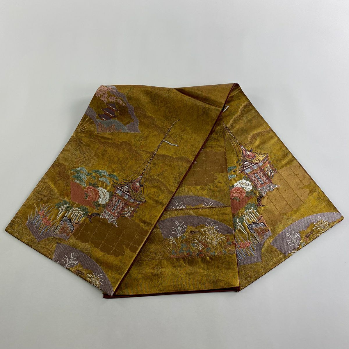【庫存清倉】 袋帶 美品 名品級 青銅金箔 山車 草花紋 金銀線 金茶 六通 純蠶絲