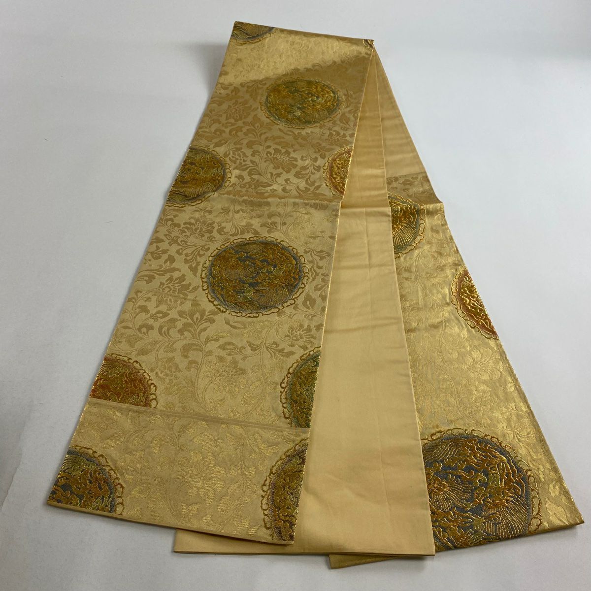 【庫存清倉】 袋帶 美品 優品級 關西仕立 雲龍 花唐草紋 金金箔 金絲 金色 大鼓圖案 純蠶絲