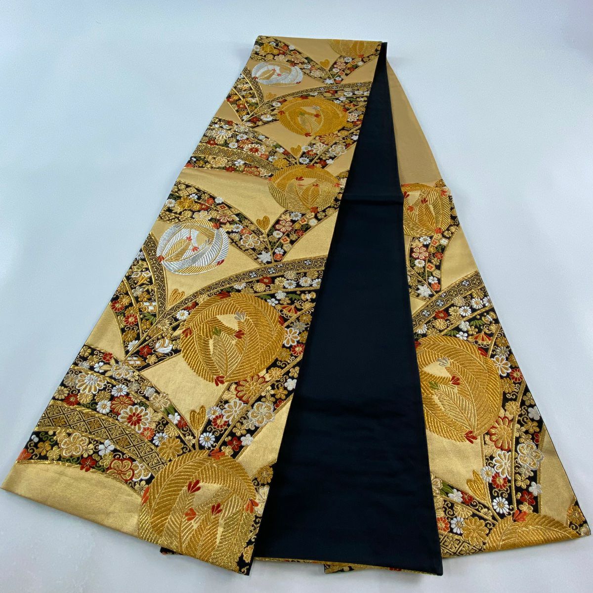 【庫存清倉】 袋帶 美品 秀品級 若松樹圓文 寶物滿載 金銀絲 金金箔 金色 六通 純蠶絲