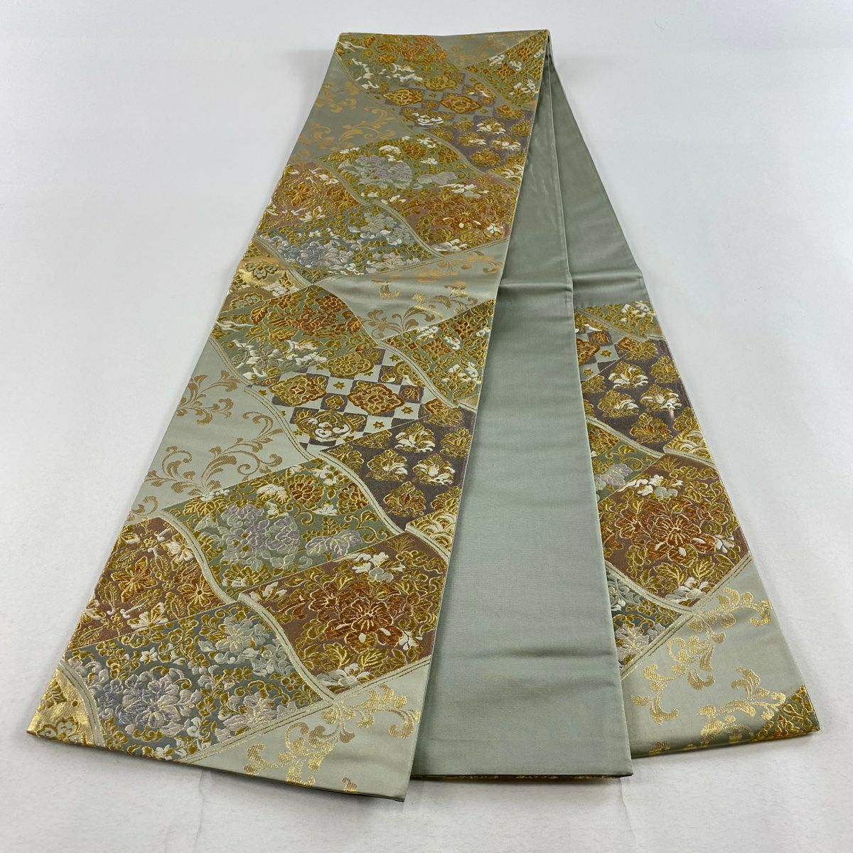 【庫存清倉】 袋帶 美品 名品級 草花紋 唐草紋 金絲 金金箔 灰綠 六通 純蠶絲