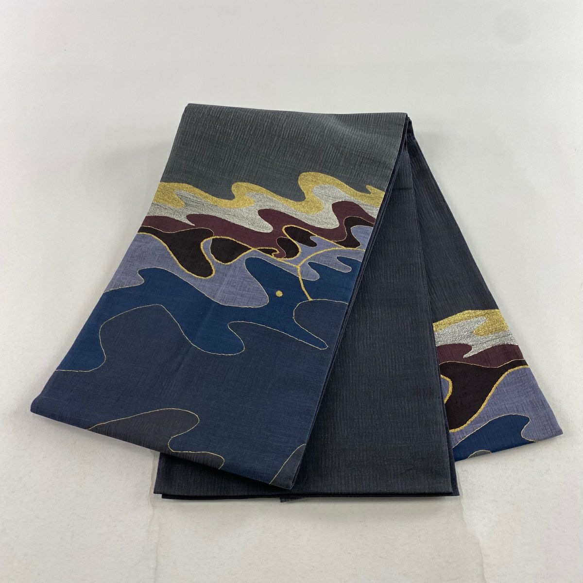【庫存清倉】 袋帶 美品 名品級 夏帶 波 幾何圖案 金銀彩 灰 深藍色 正蠶絲