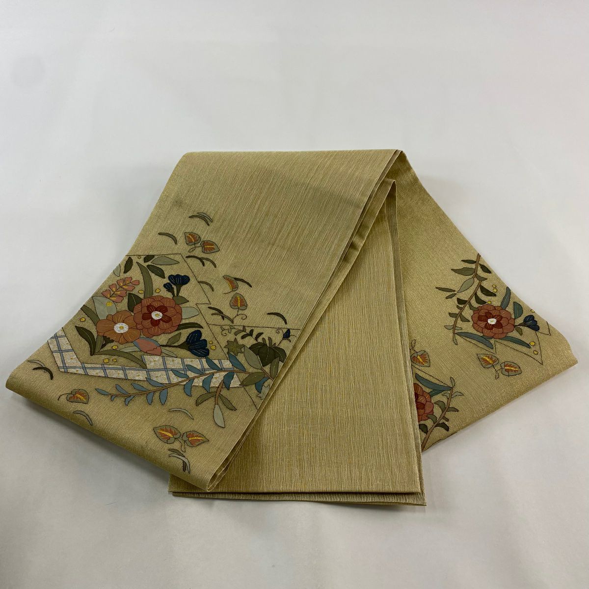 【清倉特賣】 袋帶 逸品級 夏帶 草花紋紋 菱形 金銀線 金色 大鼓圖案 純蠶絲