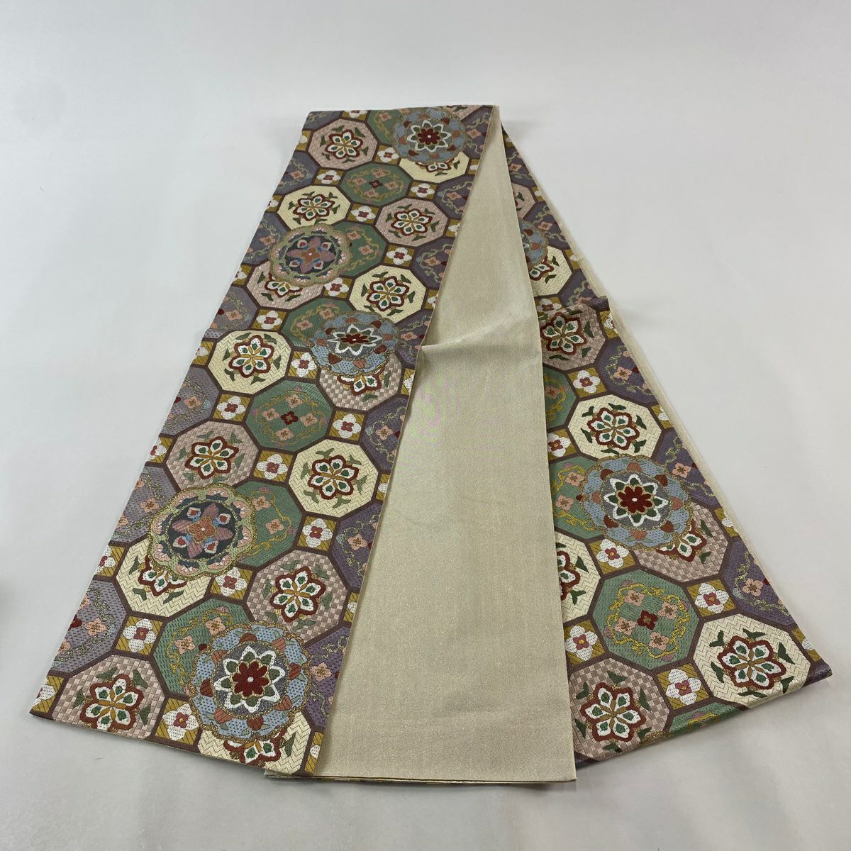 【庫存清倉】 袋帶 逸品級 蜀江華紋 刺繡 金金箔 灰紫 全通 純蠶絲