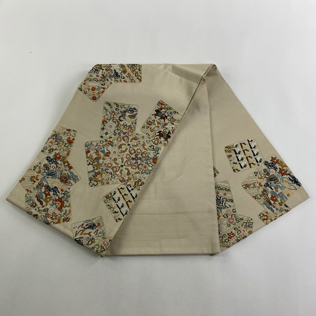 【庫存清倉】 袋帶 逸品級 色紙 動物 金絲 相良刺繡 米色 大鼓圖案 純蠶絲