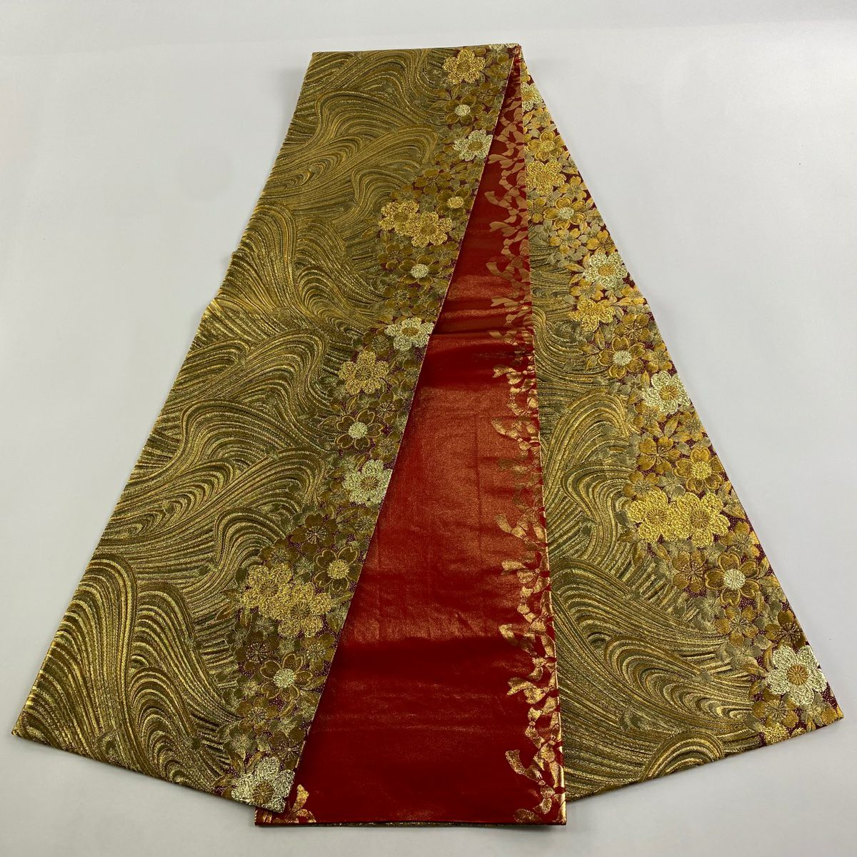【庫存清倉】 袋帶 美品 名品級 桂由美 落款 草花紋 流水 金絲 金金箔 金色 全通 純蠶絲