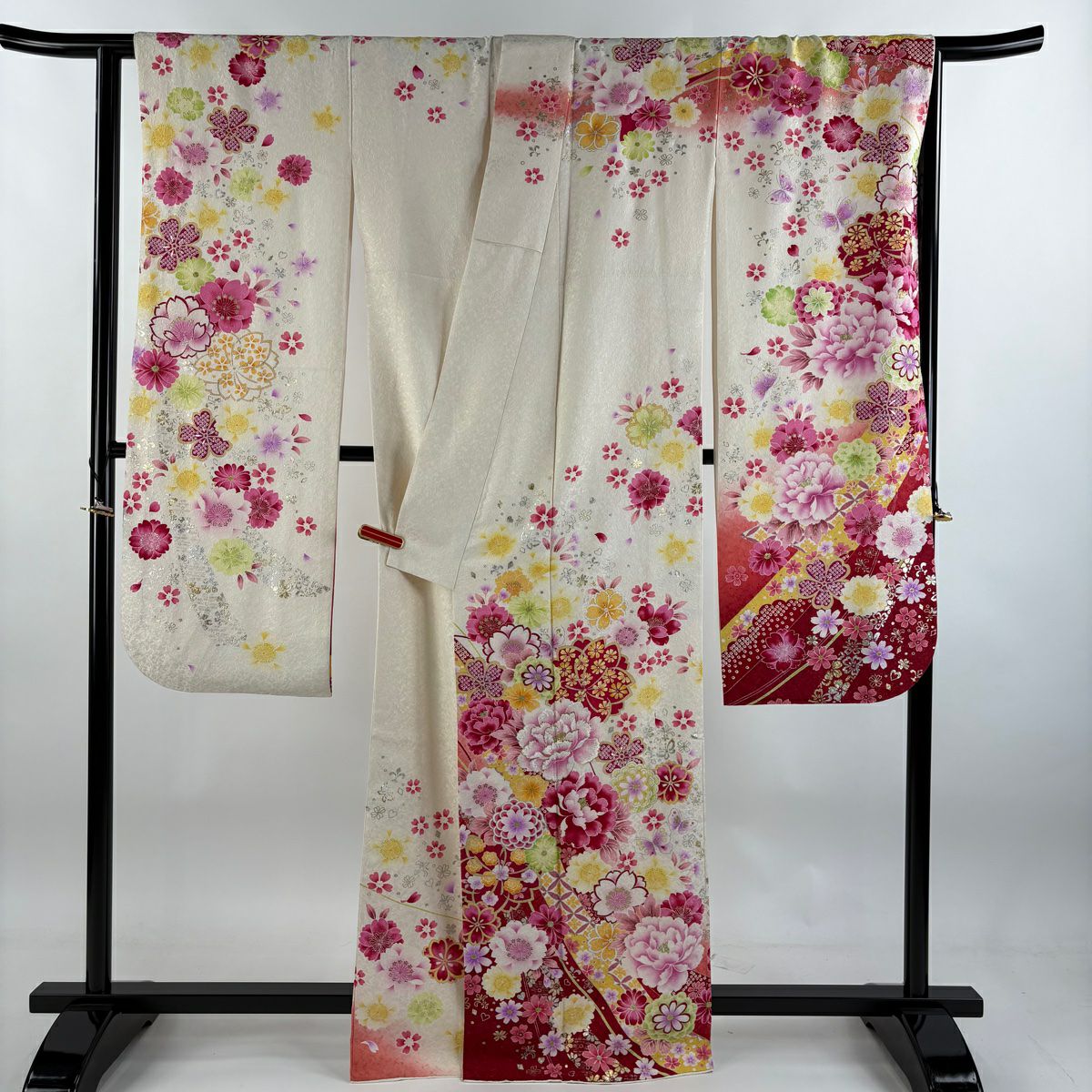 振袖禮服 身長166cm 袖長67cm M 雙層 草花紋紋 蝶 金銀彩 銀通し 奶油色 純蠶絲 逸品級