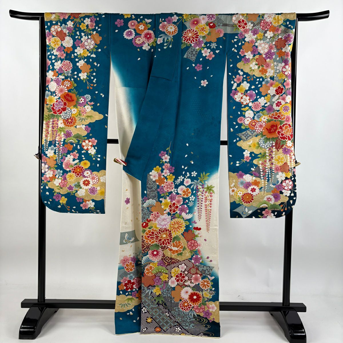 【庫存清倉】振袖禮服 身長167cm 袖長66cm M 雙層 草花紋紋 短冊 銀通 金銀彩 青綠 純蠶絲 美品 逸品級