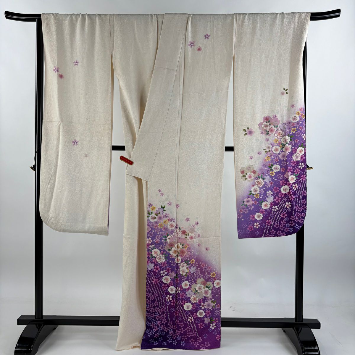 【庫存清倉】振袖禮服 身長162cm 袖長69.5cm L 雙層 櫻花 金銀彩 奶油色 純蠶絲 逸品級