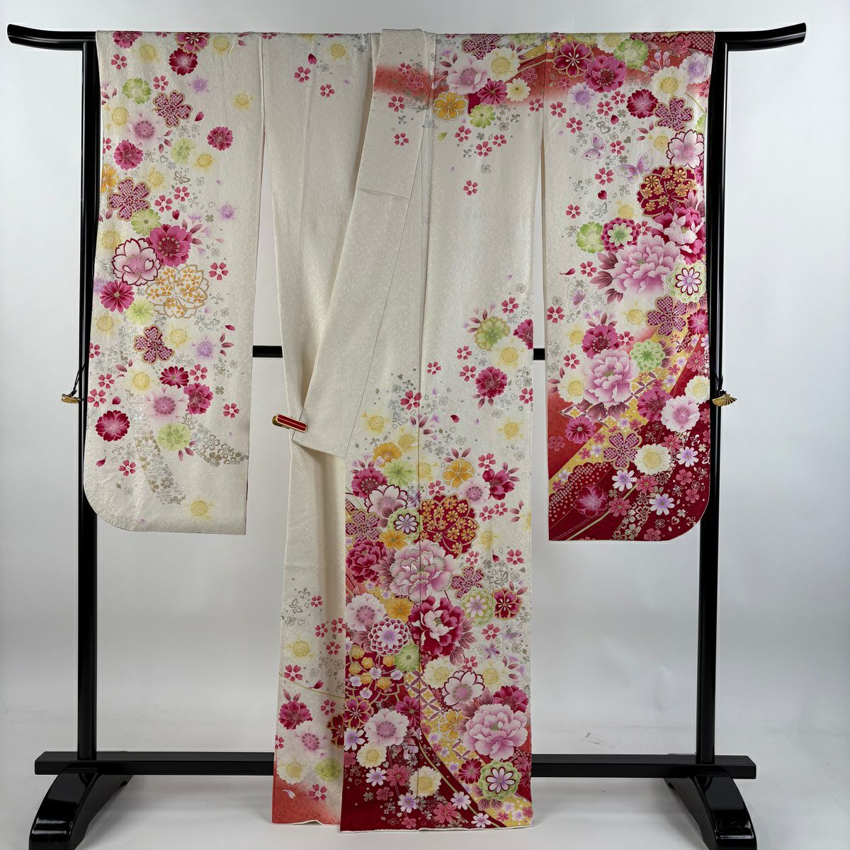 【庫存清倉】振袖禮服 身長165.5cm 袖長65.5cm M 雙層 牡丹 草花紋紋 金通 金銀彩 奶油色 純蠶絲 逸品級