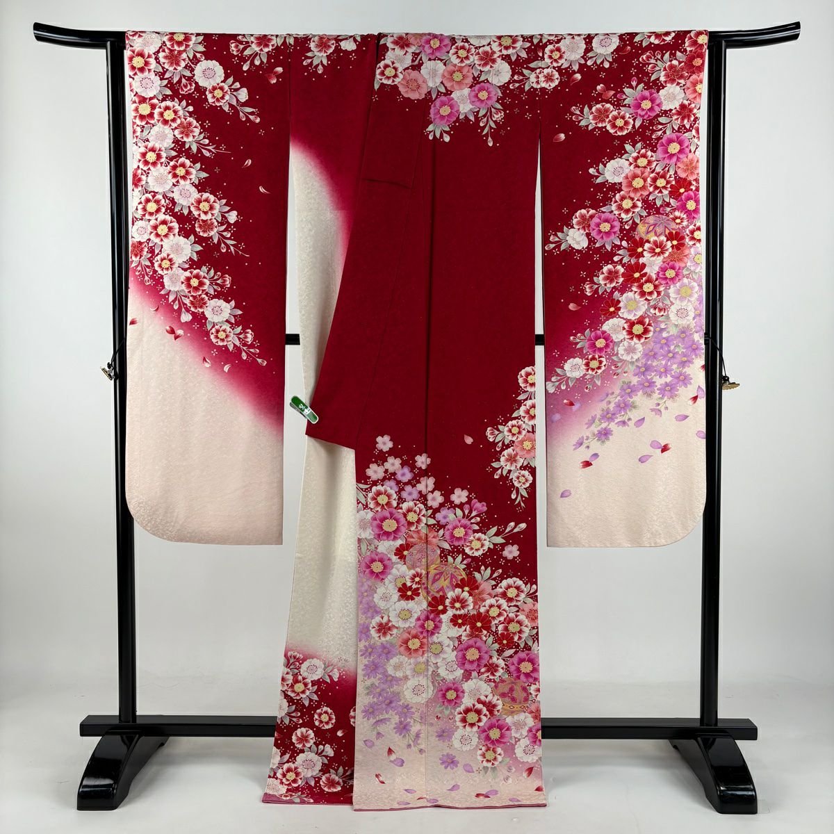 【清倉特賣】振袖禮服 身長171.5cm 袖長67cm M 雙層 手鞠 櫻花 金銀彩 刺繡 紅 純蠶絲 美品 逸品級