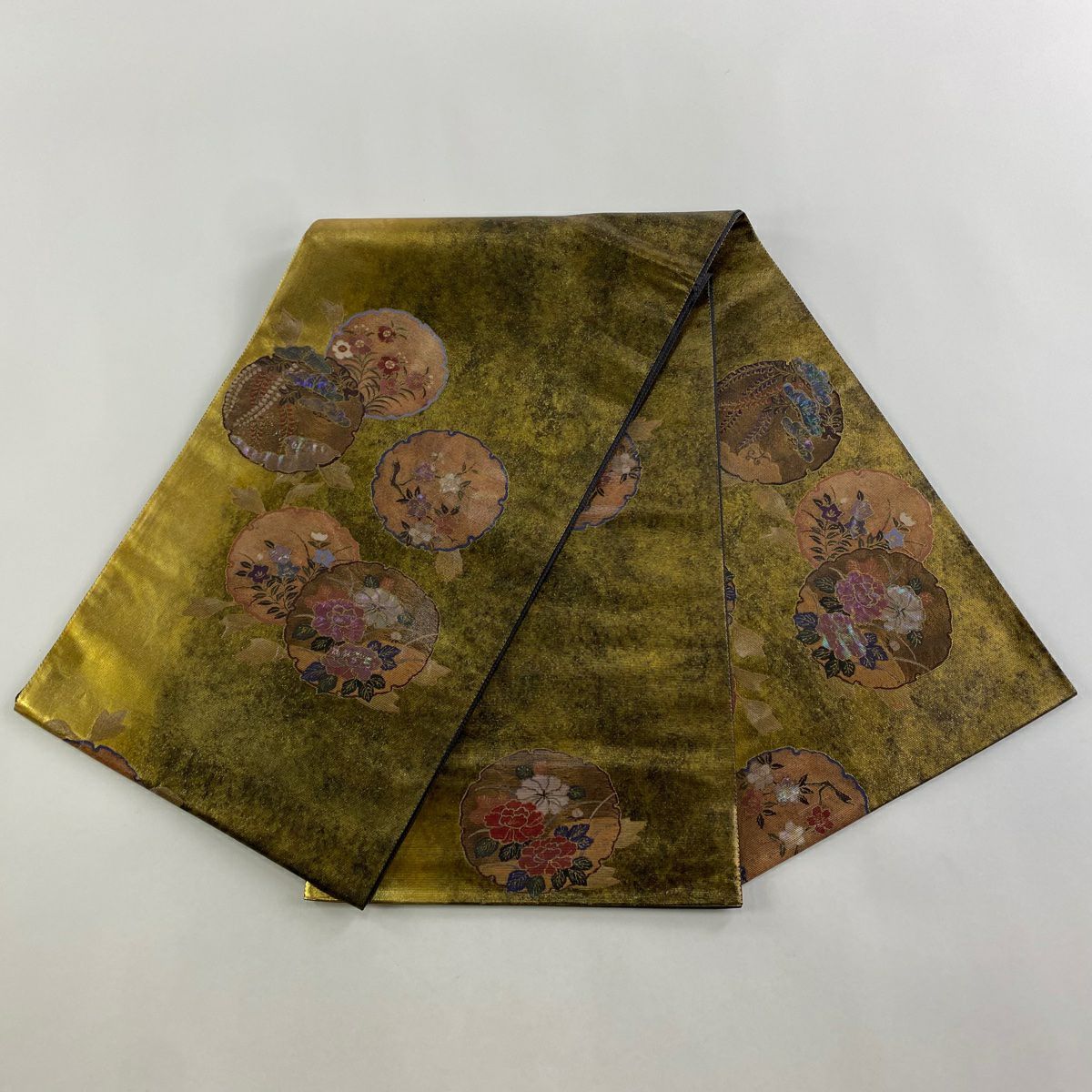【庫存清倉】 袋帶 美品 名品級 雪輪 牡丹 螺鈿金金箔 金茶 大鼓圖案 純蠶絲