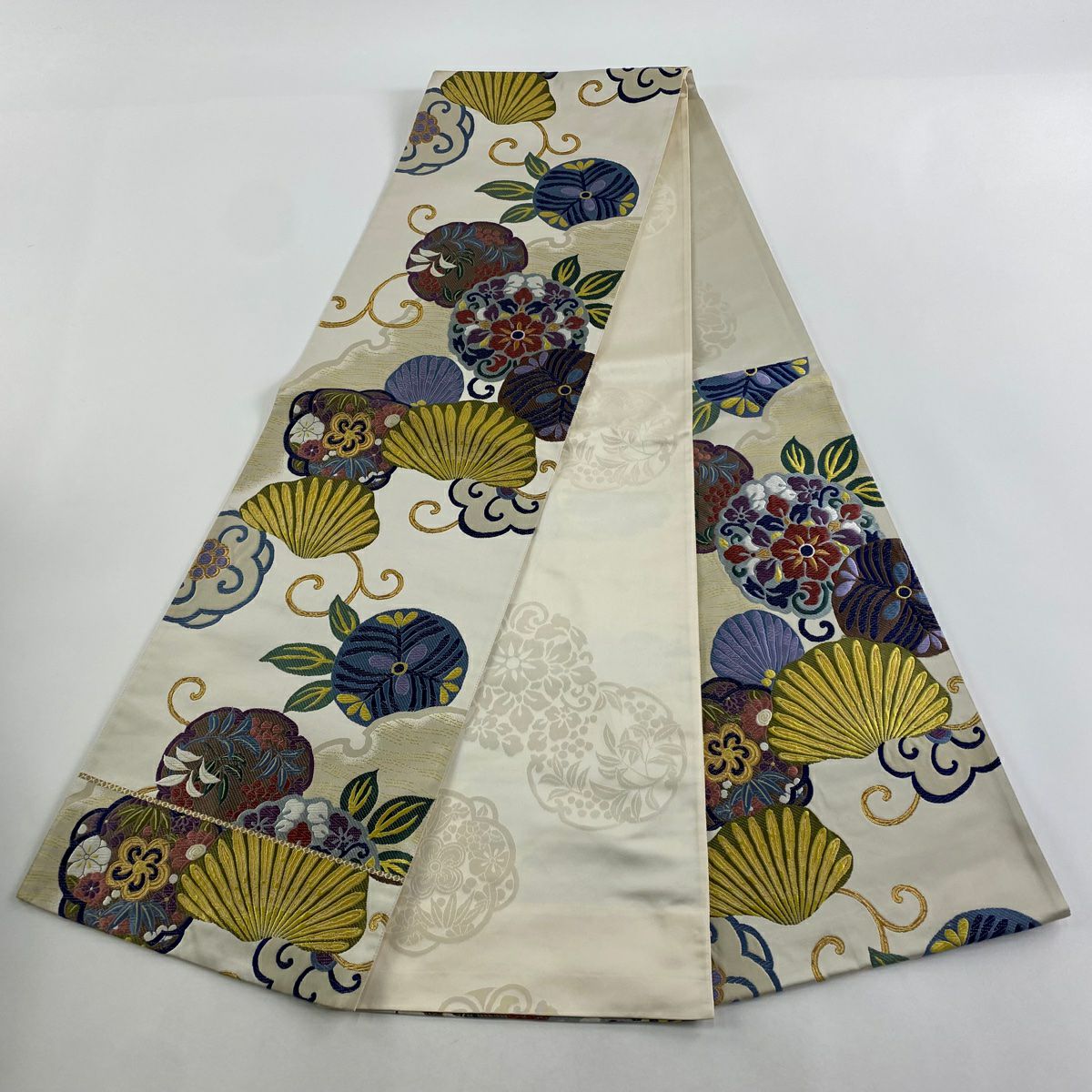 【庫存清倉】 袋帶 美品 名品級 松樹竹子梅花 草花紋 金糸 米色 六通 純蠶絲