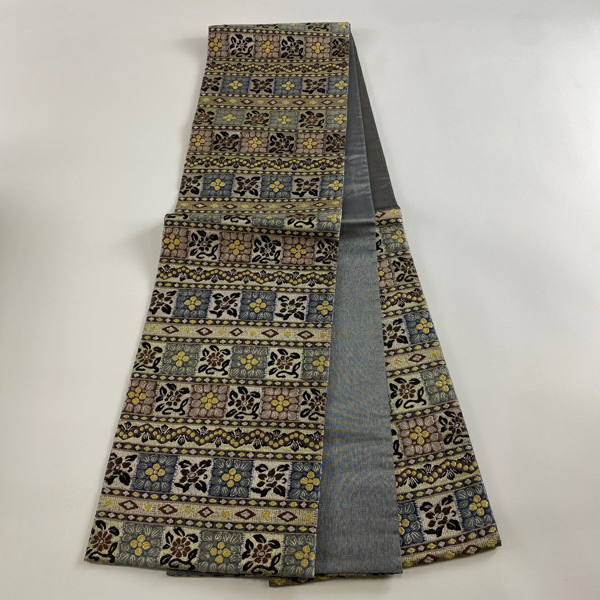 【庫存清倉】 袋帶 名品級 草花紋紋 段紋刺繡 金銀彩 灰 深藍 六通 純蠶絲